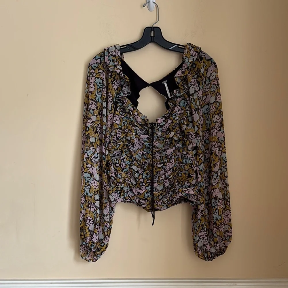 Free People Mabel Printed Ruffle Tie-Front Open-Back Floral Blouse Size Large